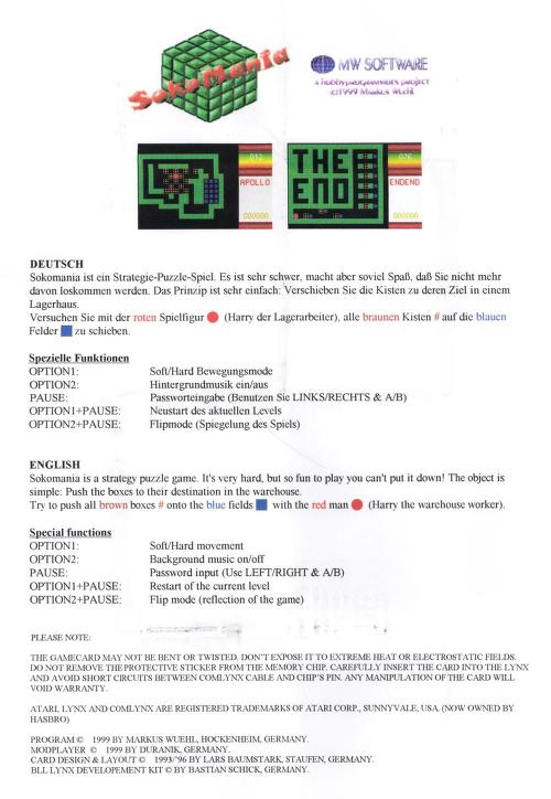 Atari Lynx Manuals: Soko Mania (1999)(Wuehl, Markus) : Free 